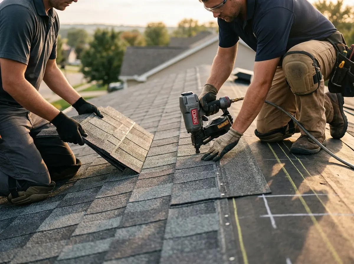 Professional roofer working on a residential roof in Lansdale